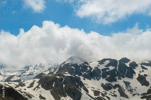 Snow melting in the Ovit Plateau in Rize. Snow turning into streams in autumn. Glaciers melting in spring. A view of snow and streams on a sunny day. Ovit Pass. Magnificent views from the Ovit Plateau