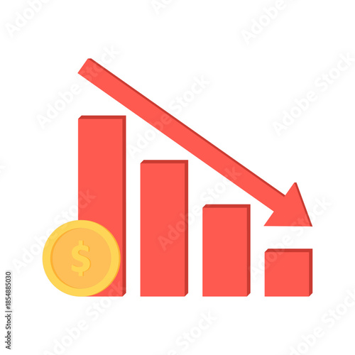 Red downward bar chart with arrow and dollar coin icon. Business loss, financial decline, market downturn, investment risk, economic crisis, revenue decrease, analytics, and performance concept