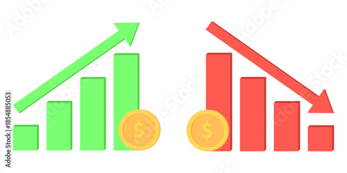 Comparison of rising and falling bar charts with arrows and dollar coins. Business profit and loss concept, financial growth versus decline, investment risk, economy, analytics, and performance