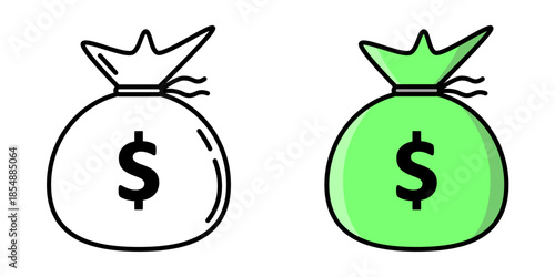 Money bag icon set in outline and flat green style, symbol of savings, wealth, income, finance, and investment. Simple vector illustration isolated on white background for business.