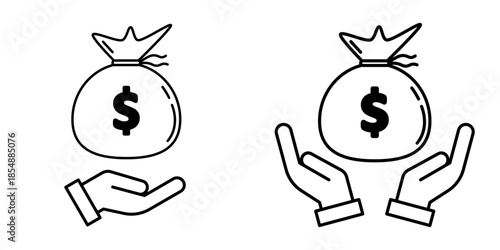Outline money bag in hands icon representing savings, financial support, money protection, donation, and wealth management. Simple line vector illustration isolated on white background