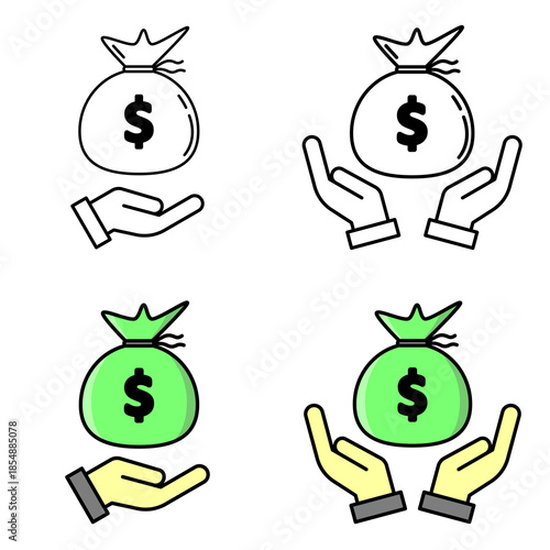 Money bag in hands icon set showing outline and flat color styles. Symbol of savings, financial support, wealth, income, donation, and money protection. Simple vector illustration.