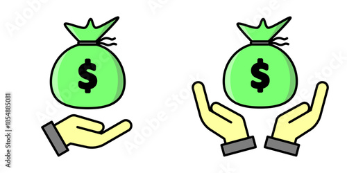 Flat illustration of green money bag with dollar symbol held by hands. Concept of finance, savings, investment, donation, income, profit, banking, and financial support on white background.