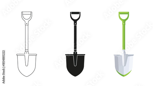 Shovels Vector Set in Three Styles — Line Art, Silhouette and Color Version for Gardening and Digging