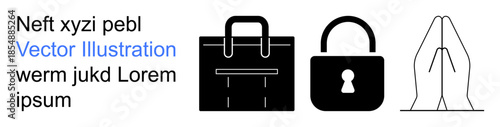 Business safety, privacy protection, faith, conceptual design, secure systems, professional ethics. A briefcase, lock and praying hands icons. Business safety and privacy protection