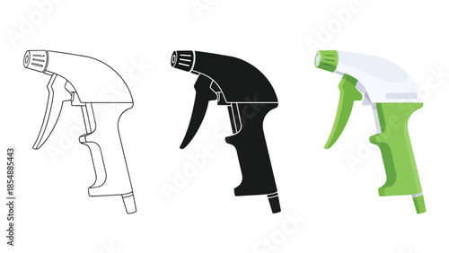 Spray nozzles Vector Set in Three Styles — Line Art, Silhouette and Color Version