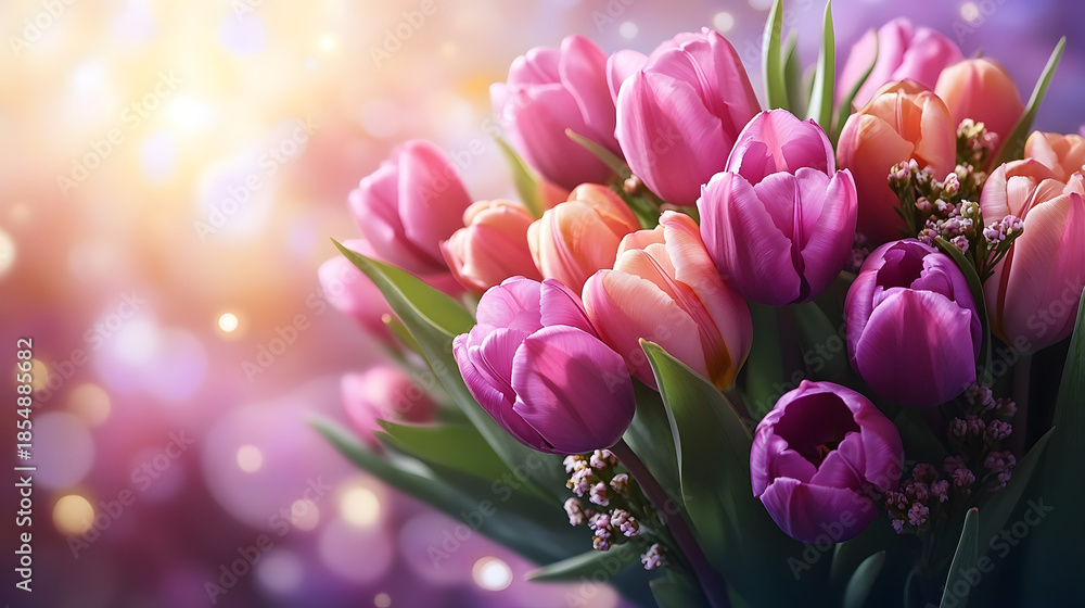 Obraz premium Bright tulip flowers in a bouquet arranged with soft light in the background during springtime mother's day, women's day