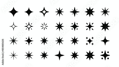 A collection of 25 black star and sparkle icons arranged in a 5x5 grid on a white background.  