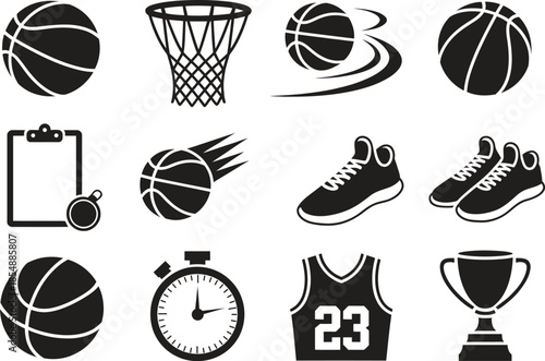 Basketball icon set, sports equipment and game symbols, flat black vector illustration isolated on white background