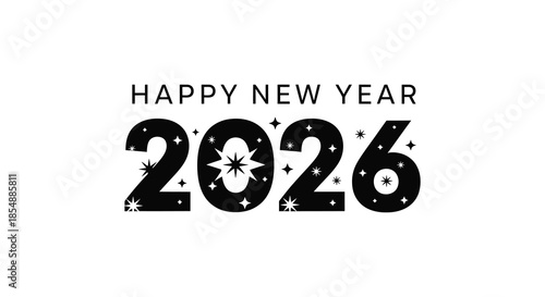 A festive new year greeting featuring the year 2026 with sparkling stars and celebratory design elements