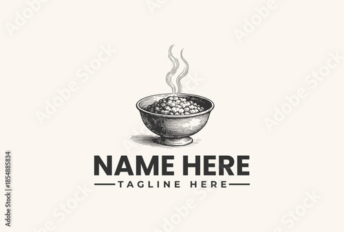 A black and white illustration of a steaming bowl with a customizable logo template on a clean background, featuring a vector design with a tagline.