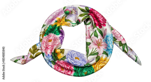 White silk scarf with colorful floral pattern fabric