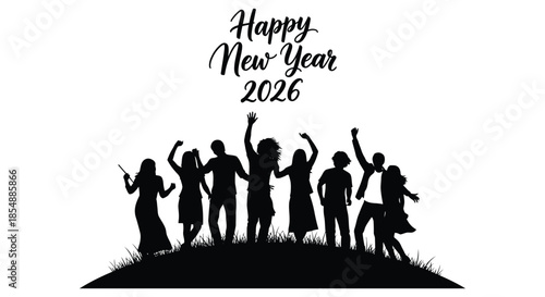 Celebrating the arrival of the new year 2026 with joyful silhouettes of people and festivities