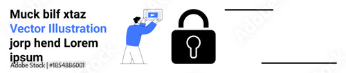 Person holding a laptop beside a large lock icon emphasizes data security, privacy, and online safety. Ideal for cybersecurity, app development, encryption, access control, personal safety tips