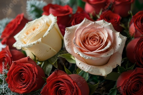 Christmas bouquet of red roses close-up festive holiday floral — ai