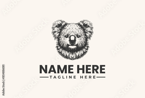 A detailed black and white illustration of a bear's head with placeholder text for a logo or brand name on a clean background.