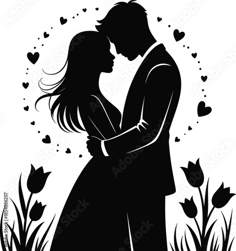 Black silhouette of a couple embracing surrounded by hearts and tulips embrace love