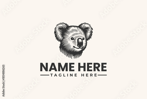 A detailed black and white illustration of a koala's head with a placeholder text for a name and tagline in a simple, modern design against a clean background.