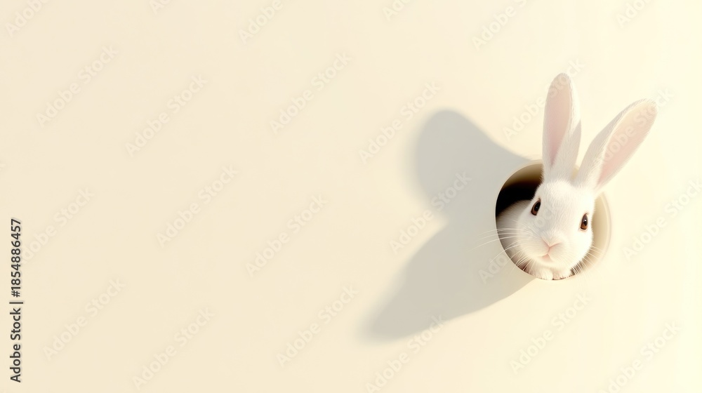 Obraz premium White rabbit peeking from a hole in a cream-colored surface