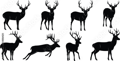 Collection of black silhouette deer with antlers in various poses stag white background vector