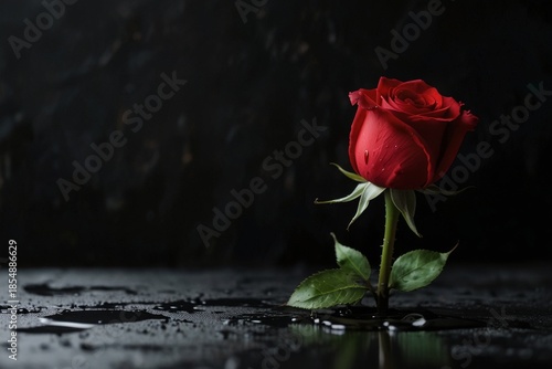 Red rose bud on black background dramatic contrast still life — ai