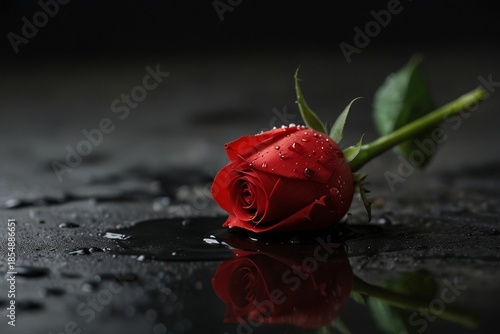 Red rose bud on black background dramatic contrast still life — ai