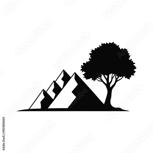 Minimalist mountain range and deciduous tree vector illustration, nature silhouette isolated on white.