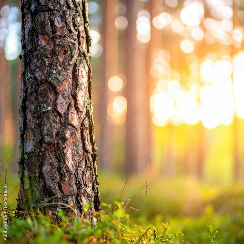 Obraz premium Pine tree trunk in a sunlit forest
