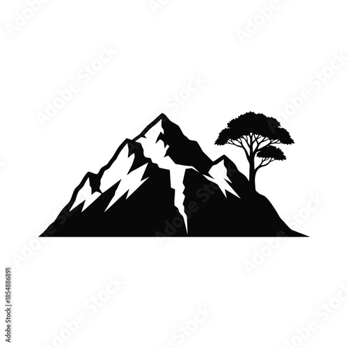 Minimalist mountain peak and tree vector illustration, nature silhouette isolated on white.