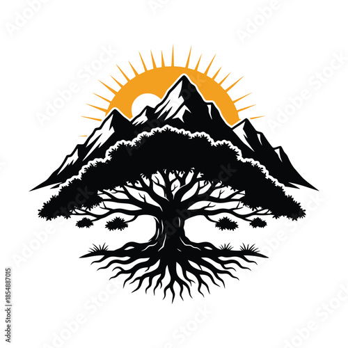 Spiritual nature logo element, mountain summit with rising sun and tree of life symbol.