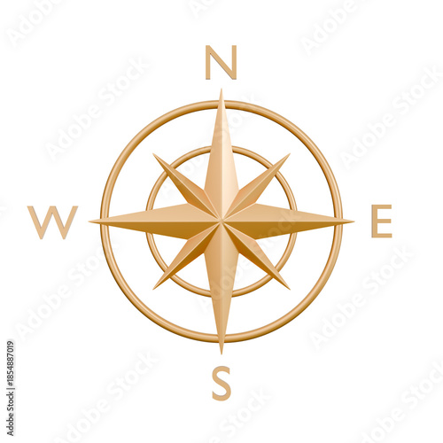 Front view of a golden compass rose with cardinal directions, perfectly centered and symmetrical, isolated on a transparent background, navigation and direction concept.
