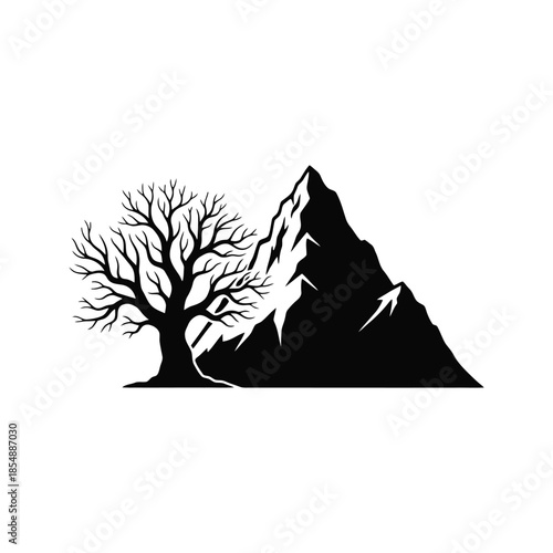 Minimalist mountain peak and bare tree vector illustration, nature silhouette isolated on white.