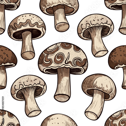 Isolated a kinds of different realistic Hand drawn vector ink style decorative illustration of champignon mushrooms vector art with white background.