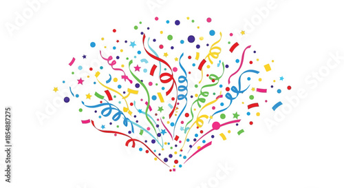 A vibrant explosion of colorful confetti and streamers forming a heart shape on a white background