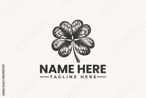 A black and white illustration of a four-leaf clover logo with a placeholder name and tagline on a beige background.