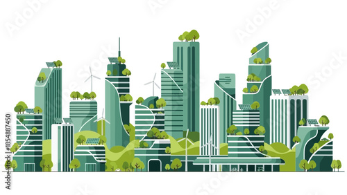Sustainable cityscape with green buildings and renewable energy sources