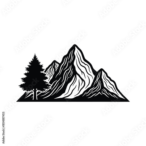 Detailed mountain peak with pine tree vector illustration, nature silhouette isolated on white.