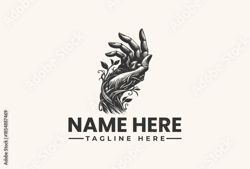 Black and white illustration of a bird's nest with eggs and leaves on a branch, with a bold logo and tagline on a clean white background.