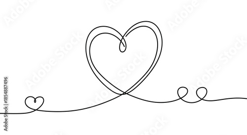 A simple black and white continuous line drawing depicting a graceful heart shape with delicate swirls