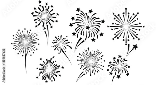 A collection of stylized fireworks displays bursting with radiant star like patterns in black and white