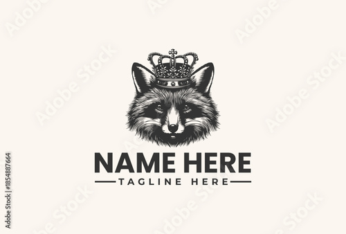 A black and white illustration of a raccoon's face wearing a crown with placeholder text for a name and tagline on a beige background, featuring a logo, vector design.