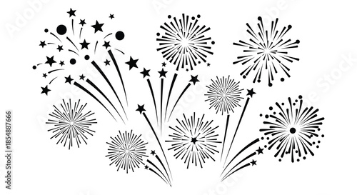 A captivating black and white illustration depicts a vibrant display of fireworks and sparkling stars
