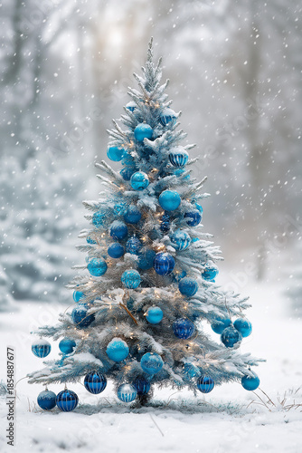 Blue Christmas Tree Decorated with Ornaments in Snowy Winter Forest (JPG 300DPI 7200×10800)