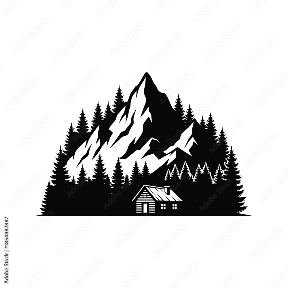 Obraz premium Minimalist mountain range with dense fir forest and cozy cabin silhouette vector.