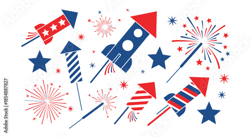 A vibrant collection of patriotic fireworks and rockets celebrating independence day with red white and blue
