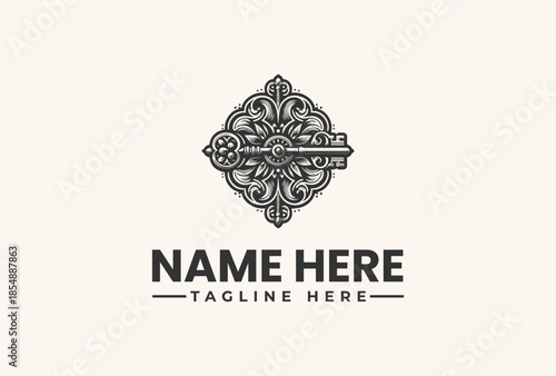 A black and white vector illustration of an ornate logo design with a central floral pattern and placeholder text on a beige background.