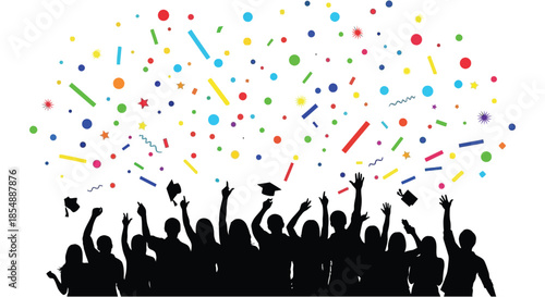 A joyful graduation scene with silhouettes of celebrating students and colorful confetti falling from above
