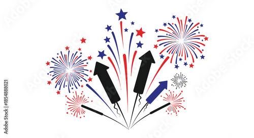 A vibrant display of red white and blue fireworks exploding with celebratory energy and arrows