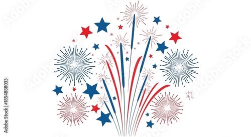 A vibrant display of red white and blue fireworks bursts and stars celebrating a festive occasion