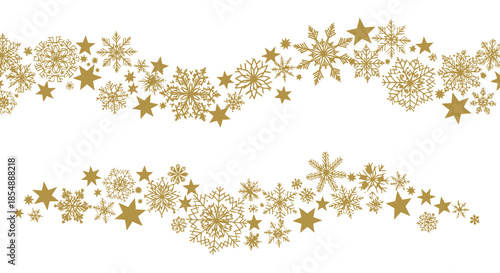 A delicate and shimmering golden snowflake and star pattern gracefully sweeps across a pristine white background